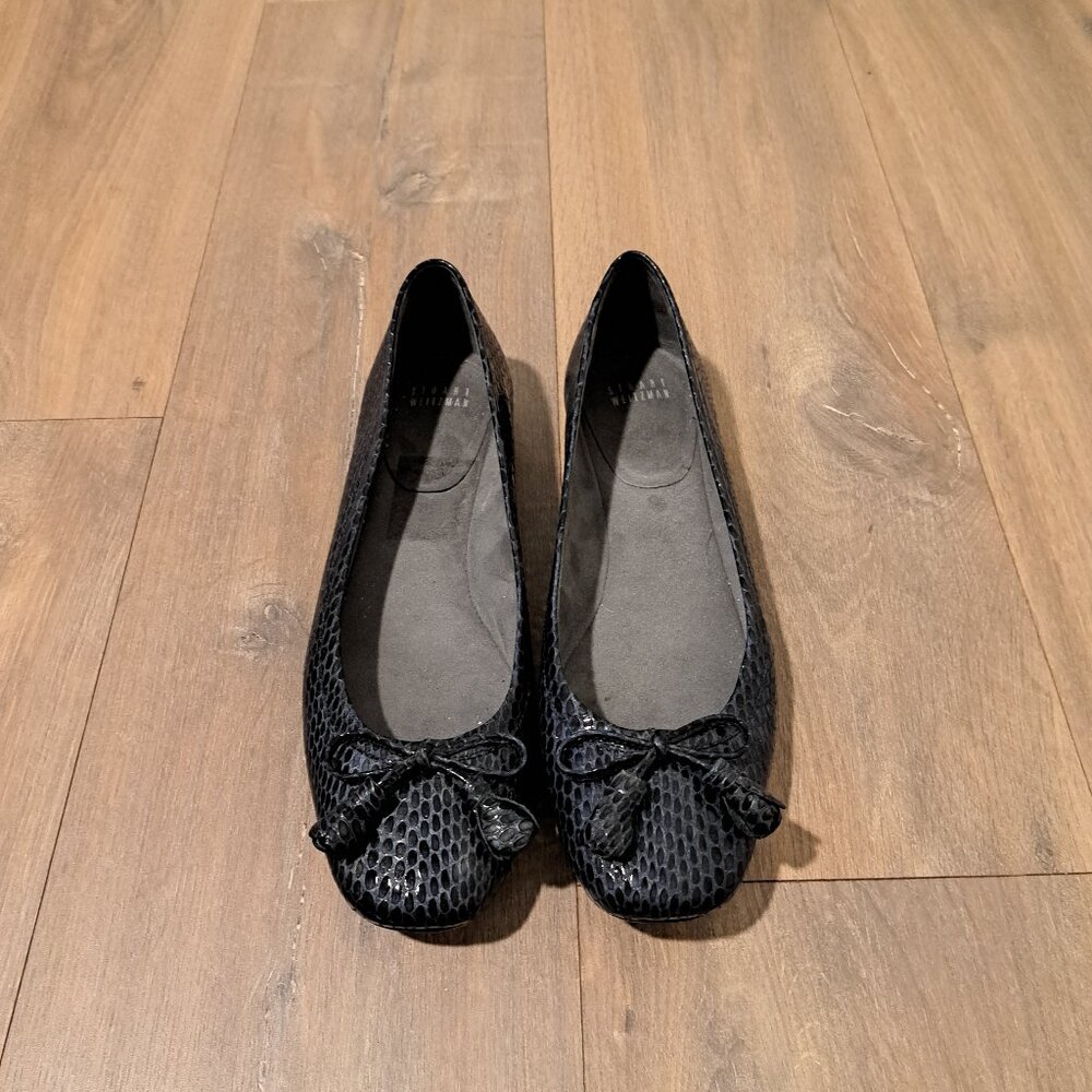 Stuart Weitzman Black Textured Leather Ballet Flats